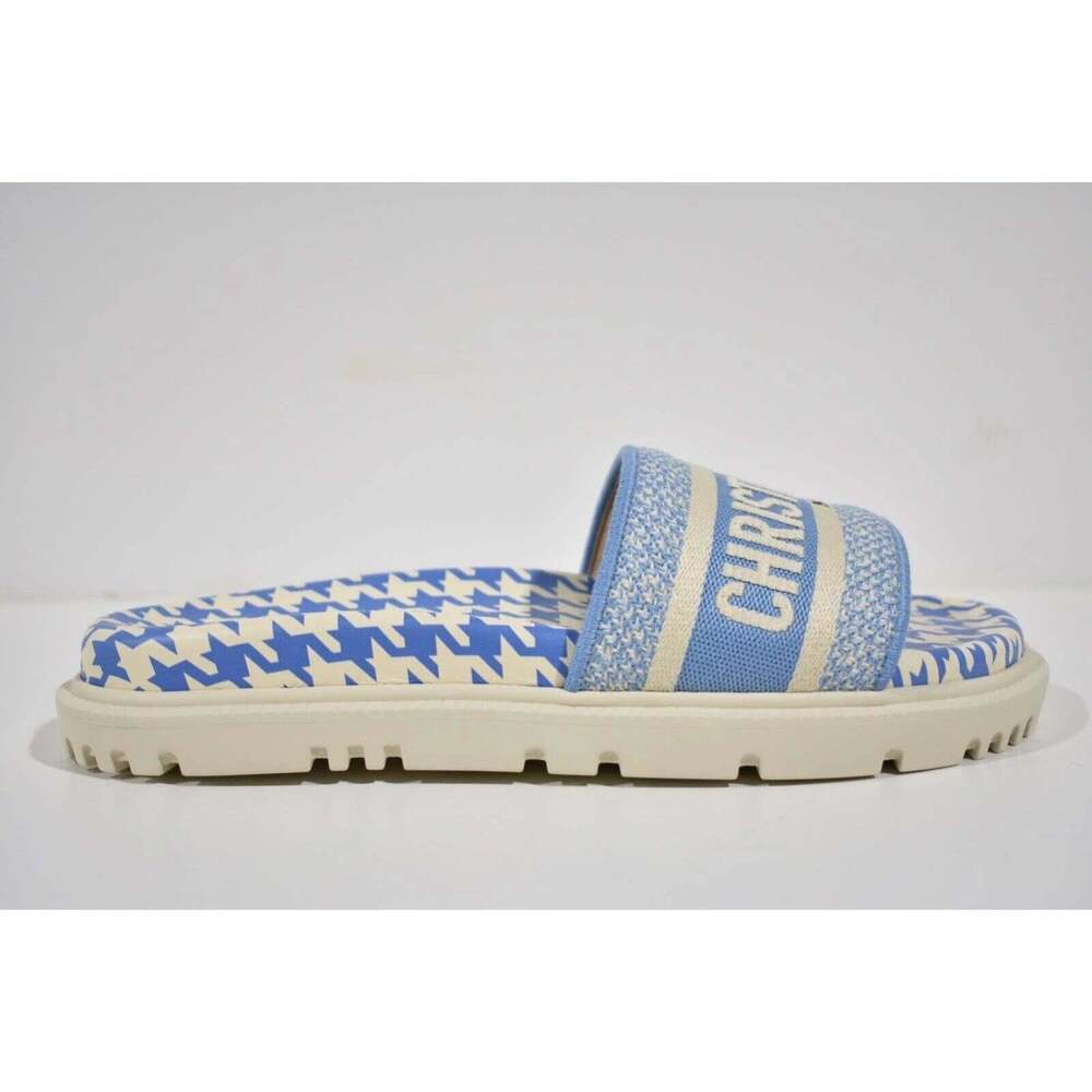 Christian Dior Dway Blue White Logo Houndstooth Slide Mule Flat Flop Sandal 37.5 - Picture 2 of 12